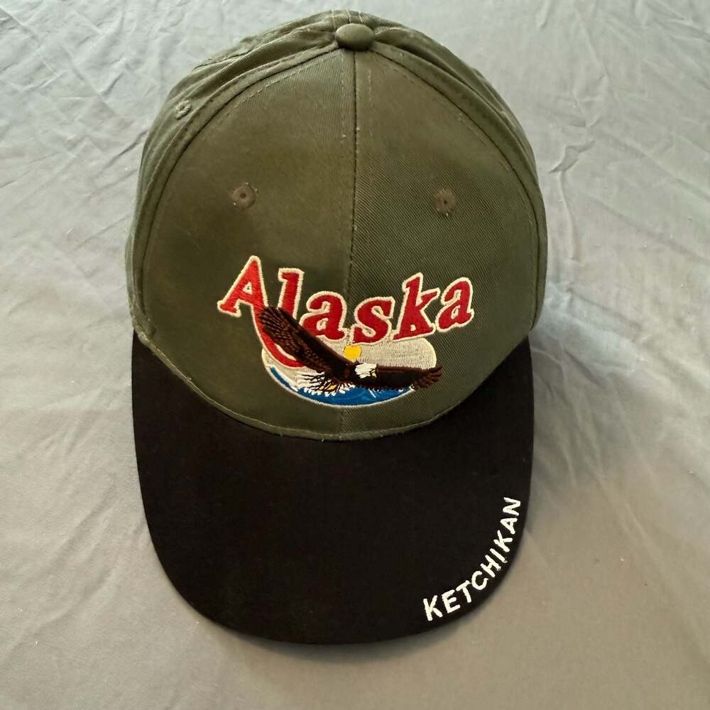 Alaska Ketchikan Eagle Souvenir Strapback Hat Green Black Adjustable Cap USA
